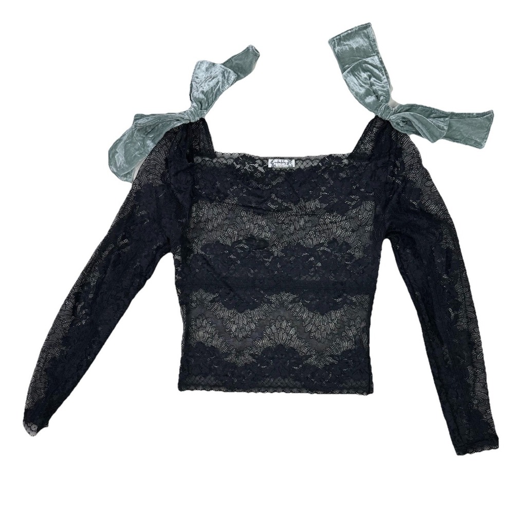 Free People Black Lace Sheer Top‎ XS Green Velvet Bows Dark Fairy Romantic